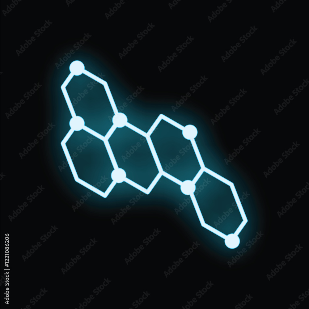 Poster glowing neon blue connected hexagons are creating a structured pattern on a black background