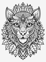 Fototapeta premium Animal Face Mandala Coloring Page for Adults, black and white, black line art, Isolated on white background