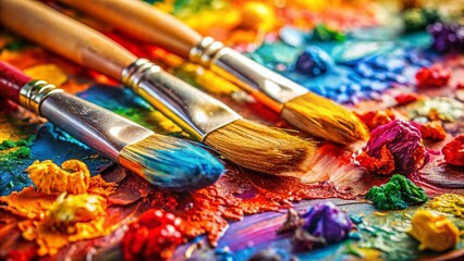 Obraz premium Vibrant Oil Paint Palette Closeup with Brushes - Artistic Supplies