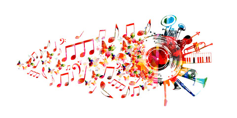 Music background with colorful music instruments and vinyl record disc vector illustration. Music festival poster with double bell euphonium, violoncello, trumpet, piano, euphonium, sax and guitar	