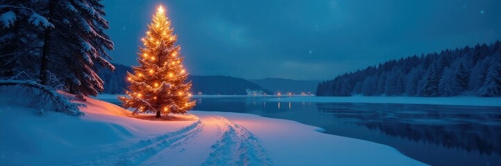 Icy winter night with Christmas tree lights shining on frozen lake, snow, still, calm