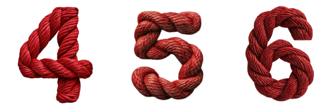Png of Numbers 4, 5, and 6 created from bold red braided rope with a textured fiber look on transparent background.