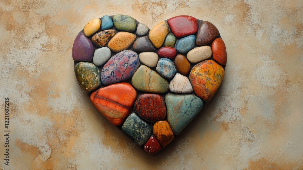 Poster A vibrant heart-shaped design created with multi-colored river stones, resting on a soft beige surface with gentle shadows for added depth.