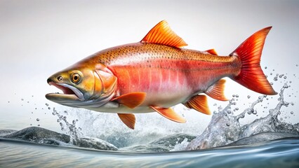 Fototapeta premium Vibrant Orange-Pink Salmon Fish Swimming Upwards Against White Background