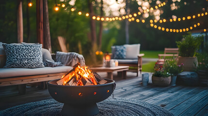 Cozy Outdoor Fire Pit Setup with Ambient Lighting and Relaxing Seating for a Perfect Evening Gathering in Nature's Embrace