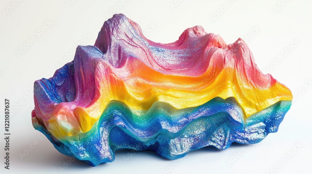 Poster a vibrant piece of rainbow-colored clay with a foam-like texture, capturing its metallic sheen as it