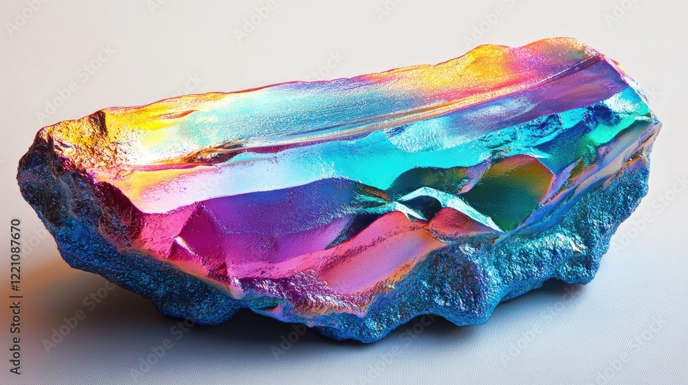 Poster a vibrant piece of rainbow-colored clay with a foam-like texture, capturing its metallic sheen as it