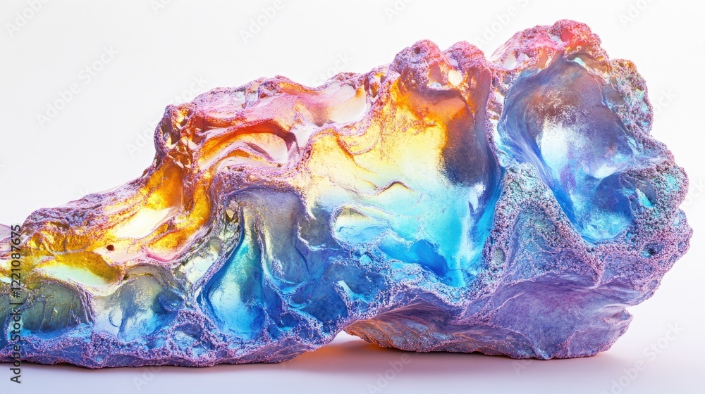 Poster a vibrant piece of rainbow-colored clay with a foam-like texture, capturing its metallic sheen as it