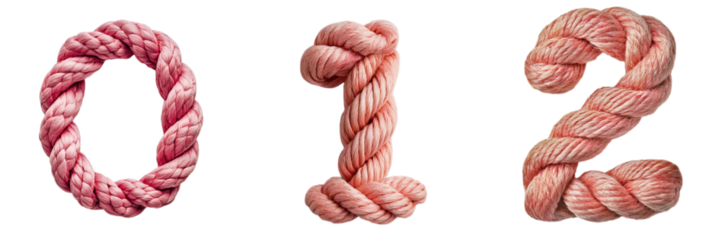 Png of Numbers 0, 1, and 2 crafted from soft pink braided rope with a realistic texture on transparent background.