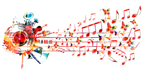 Music background with colorful music instruments and vinyl record disc vector illustration. Music festival poster with double bell euphonium, violoncello, trumpet, piano, euphonium, sax and guitar	