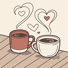 Two coffee mugs with heart-shaped steam ector illustration