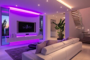 Modern living room with purple led lights illuminating white sofa, television and stairs