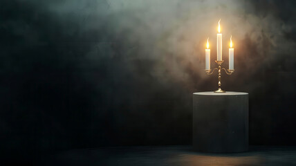 Pedestal with a candelabra, flickering flames, cobwebbed surface, 3D illustration,