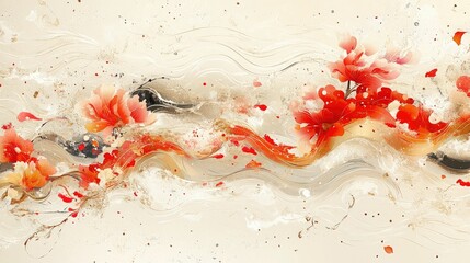 Abstract red and white pattern, swirling design, , neutral tones.