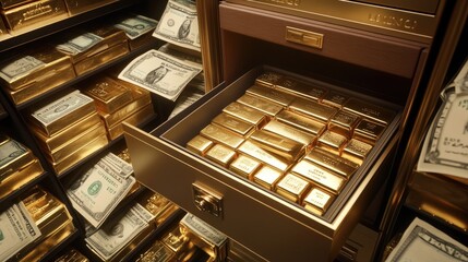 A wealthy storage scenario with an open safe deposit box filled with gold bars, cash, and important financial papers for security.