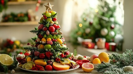 A whimsical Christmas tree created from fresh ingredients, designed for a festive party atmosphere, with room for personalized captions.