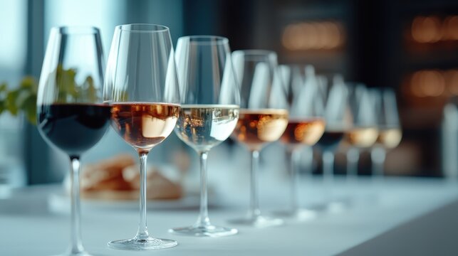A beautifully arranged selection of various wine glasses showcasing red, white, and rosé wines, emphasizing elegance and sophistication in a modern dining environment.