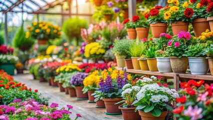 Fototapeta premium Vibrant Potted Plants & Flowers for Sale at Garden Center - High-Resolution Stock Photo