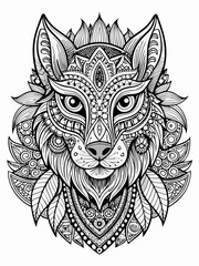 Fototapeta premium Animal Face Mandala Coloring Page for Adults, black and white, black line art, Isolated on white background
