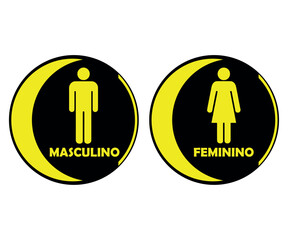 Placas Banheiro Redondas Com Meia Lua. Masculino e Feminino. Nos Tons Amarelo Com Fundo Preto.
