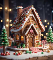 Fototapeta premium Holiday Christmas holidays background with gingerbread house and candy , festive food, holiday dessert, holiday decor