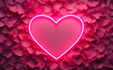 A vibrant neon heart surrounded by pink petals, symbolizing love and romance in a creative and modern way.
