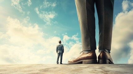 A young businessman looking up at the giant leg of a suited businessman, symbolizing ambition and the challenge of climbing to success.