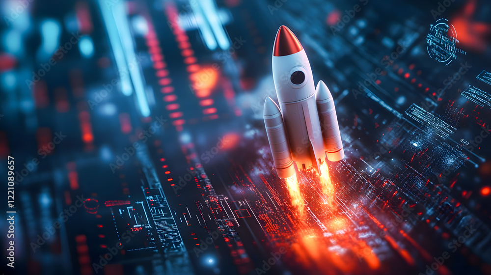 Poster abstract digital space scene with a rocket launching through futuristic data patterns and colorful l