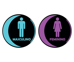 Placas Banheiro Redondas Com Meia Lua. Masculino e Feminino. Nos Tons Azul e Rosa Com Fundo Preto.