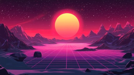 Retro Futuristic Landscape With Mountains And Large Sun