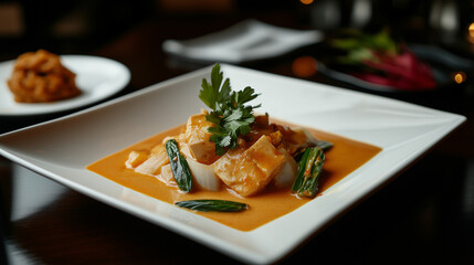 Delicious kare-kare with tofu and vegetables on a modern square plate in an elegant setting