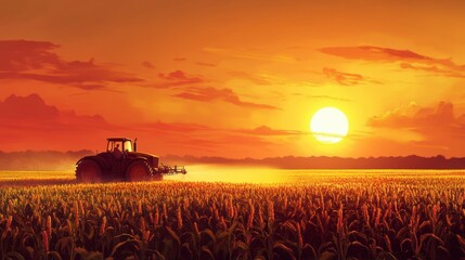 Fototapeta premium Tractor harvesting at sunset in a vast wheat field with vibrant sky and glowing sun