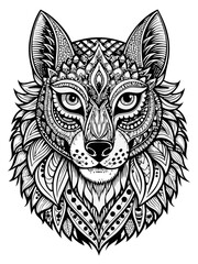 Animal Face Mandala Coloring Page for Adults, black and white, black line art, Isolated on white background
