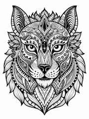 Animal Face Mandala Coloring Page for Adults, black and white, black line art, Isolated on white background