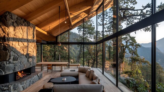 Mountain cabin living room sunset view; modern architecture design