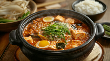 Hearty kare-kare stew with tofu, vegetables, and eggs in a clay pot, served with rice