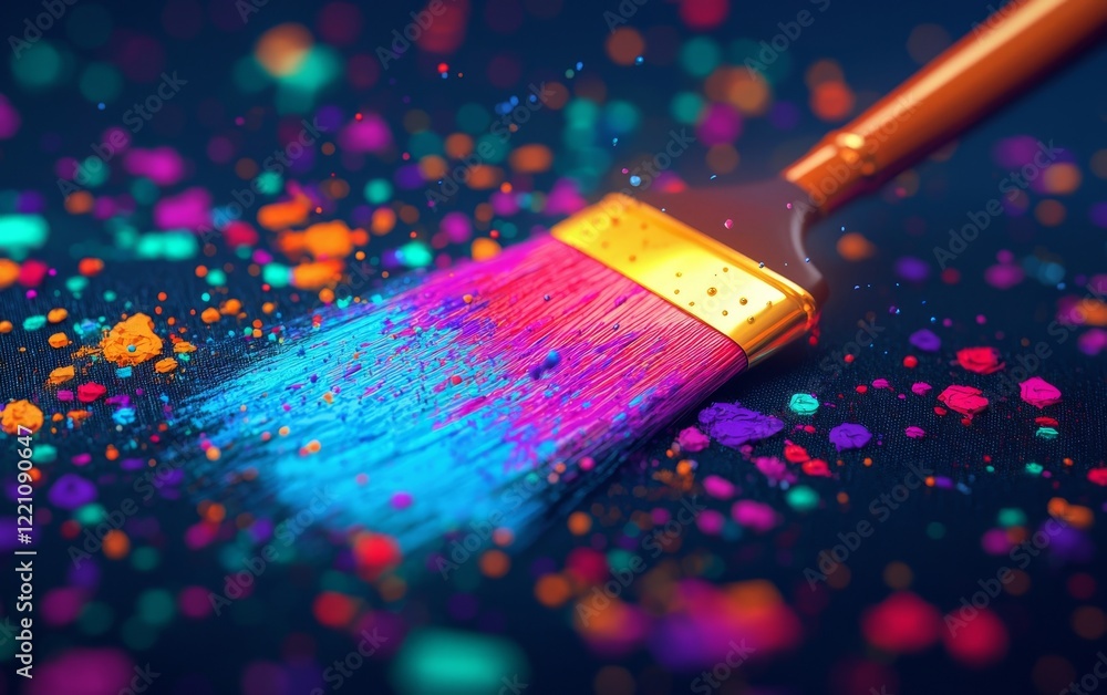 Poster a vibrant paintbrush splattered with colorful paint, representing creativity and artistic expression