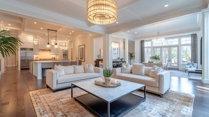 Modern open concept living room showing kitchen and dining area