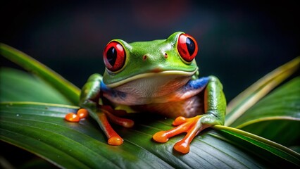 Fototapeta premium Vibrant Red-Eyed Tree Frog in Rainforest Canopy - Close-Up Documentary Style