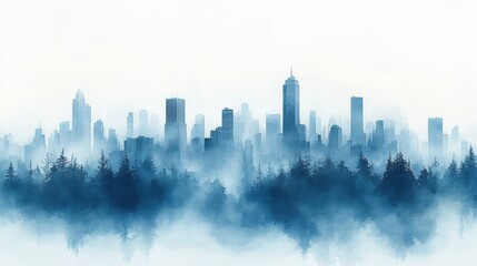 Fototapeta premium Misty urban skyline over forest at dawn: a dreamlike cityscape