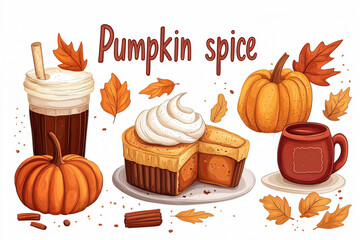 pumpkin spice treats including pie, latte, and whipped cream surrounded by pumpkins and autumn leaves. Fall and seasonal flavor concept.