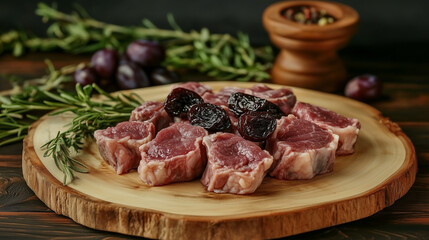 Fototapeta premium Raw lamb cubes with prunes and fresh rosemary on a wooden cutting board, perfect for cooking