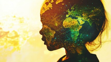 Earth and child face interconnected global network close up focus on copy space bold vibrant colors double exposure silhouette with tech patterns.