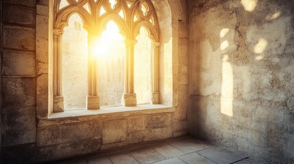 Naklejka premium An elegant arch window with intricate carvings in an ancient stone building, bathed in warm sunlight streaming through its frame.