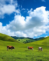 Fototapeta premium Idyllic Meadow Scene with Simmental Cows Grazing Under a Blue Sky and White Clouds