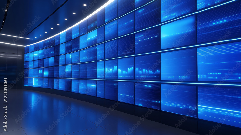 Poster modern digital display wall featuring multiple screens blue tones, showcasing data visualizations an