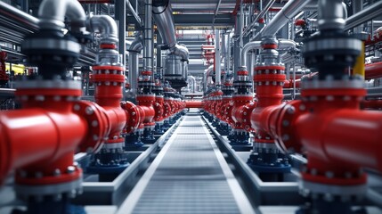 Industrial pipeline system with red valves in a modern factory setting