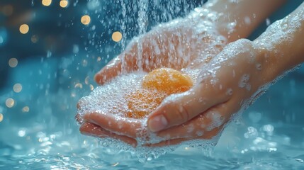 Fototapeta premium Hands washing with soap and water for hygiene and cleanliness