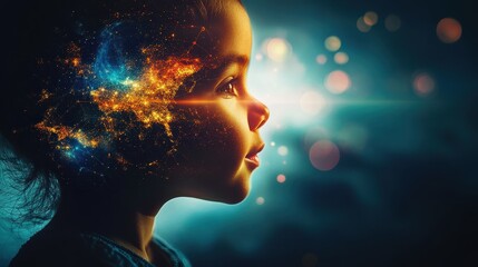 Obraz premium Earth surrounded by child face and connections focus on details copy space bright global colors double exposure silhouette with world map.