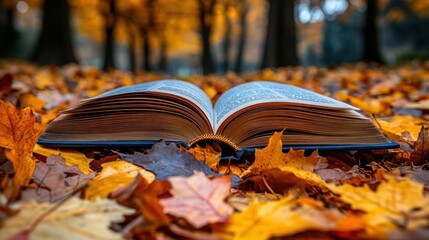 Open book rests on autumn leaves in a park